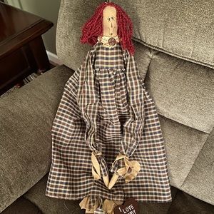 Large primitive raggedy Ann doll holding a “ I love Andy” sign ❤️